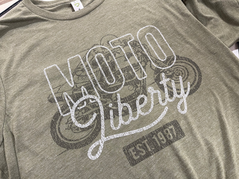 Heather green T-shirt with motorcycle and Moto Liberty logo screen printed by Active Impressions in Fort Worth, Texas